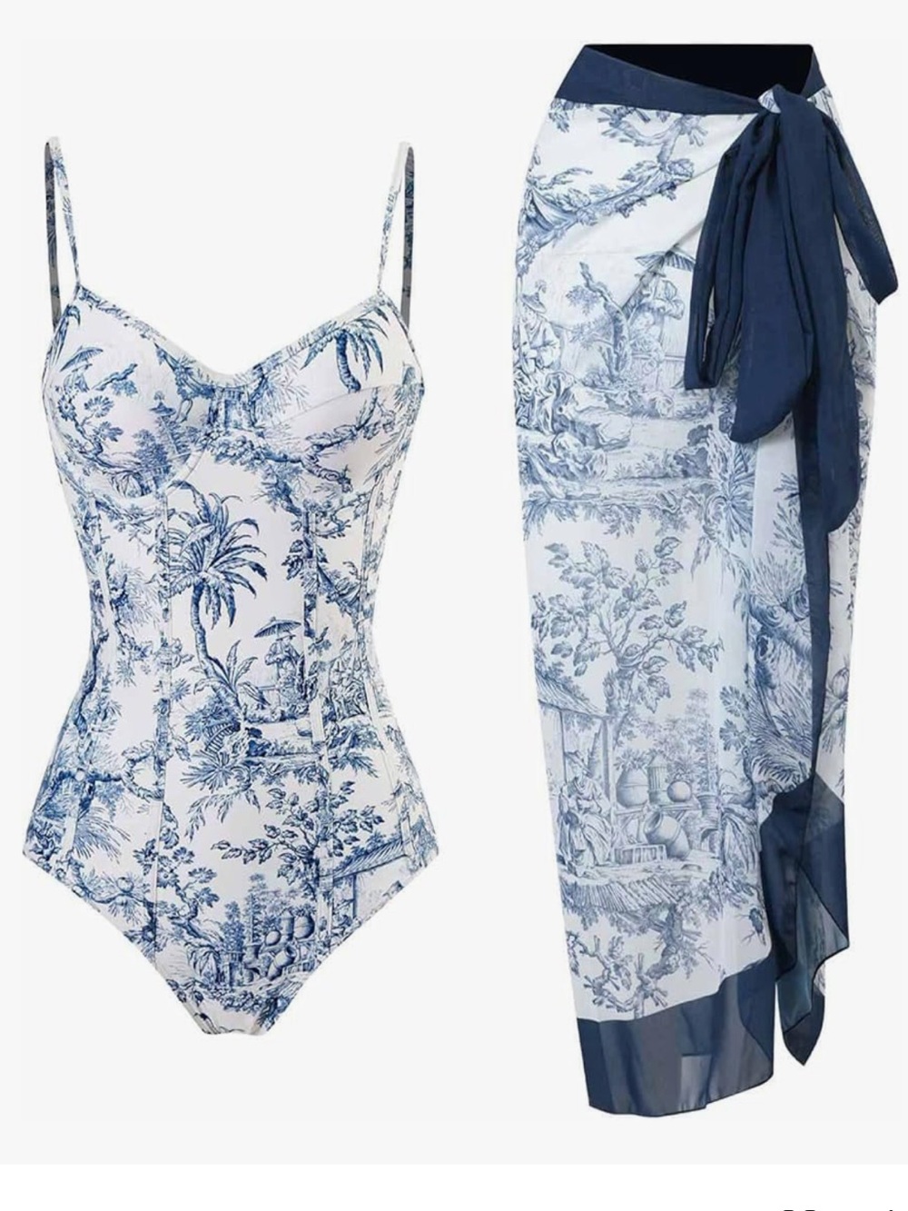 White and navy onepiece swimsuits with matching coverup.